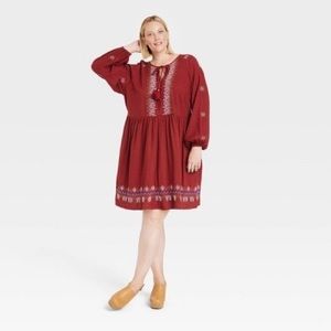 NWT Knox Rose Maroon Boho Embroidered Balloon Long Sleeve Dress Various Sizes